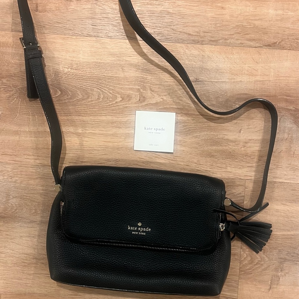Kate Spade Black Pebbled Leather Fold over Crossbody Bag